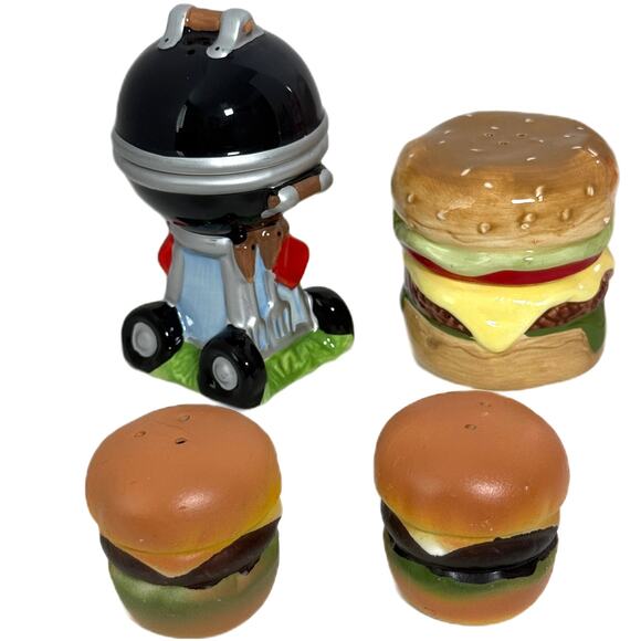 Lot of 3 Ceramic Salt Pepper Shaker Pier 1 Hamburger Backyard BBQ Grill & Burger - Picture 3 of 9